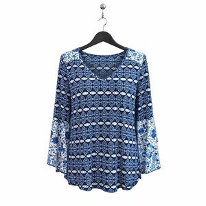 Como Blu - Navy Print Top, Bell Sleeves, Size Medium